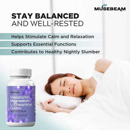 MuseBeam Magnesium Glycinate 275mg Melatonin 5mg L-Theanine 200mg GABA 100mg Capsules - Full Rest Nighttime Bedtime Support Supplement for Men Women - Vegan Sugar-Free Gluten-Free - dailyvitalstore
