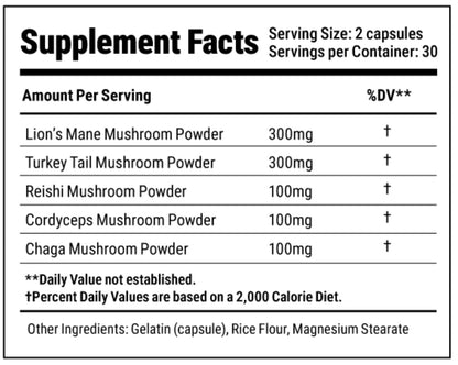 Mushroom Complex Capsules with Lion’s Mane, Reishi, Cordyceps, Chaga & Turkey Tail – True Totality Mushroom Power – Immune, Energy & Focus Support – 90 Vegan Capsules - dailyvitalstore