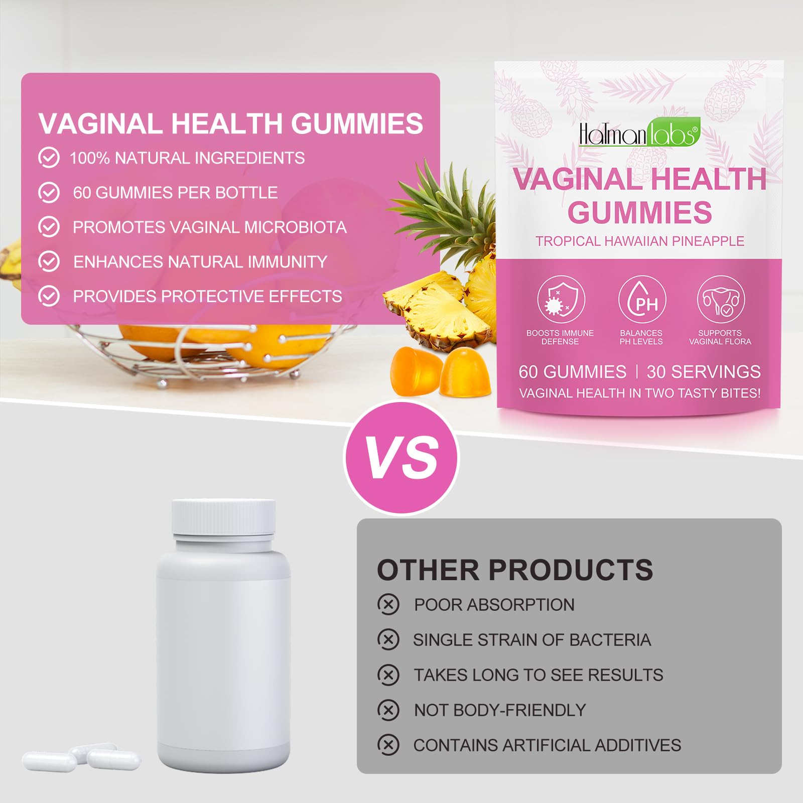 MXCZBSM Vaginal Probiotics Gummies for Women, PH Balance for Women, Hawaiian Pineapple Gummies for PH Health, Improve Immune, Women's Vaginal Health Supplement, 60 Gummies - dailyvitalstore