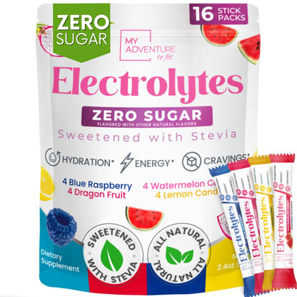 My Adventure to Fit Electrolytes Powder Packets – 16 Sugar-Free Hydration Packets, Potassium Supplement, Watermelon Candy, Blue Raspberry, Lemon Candy, Dragon Fruit - dailyvitalstore