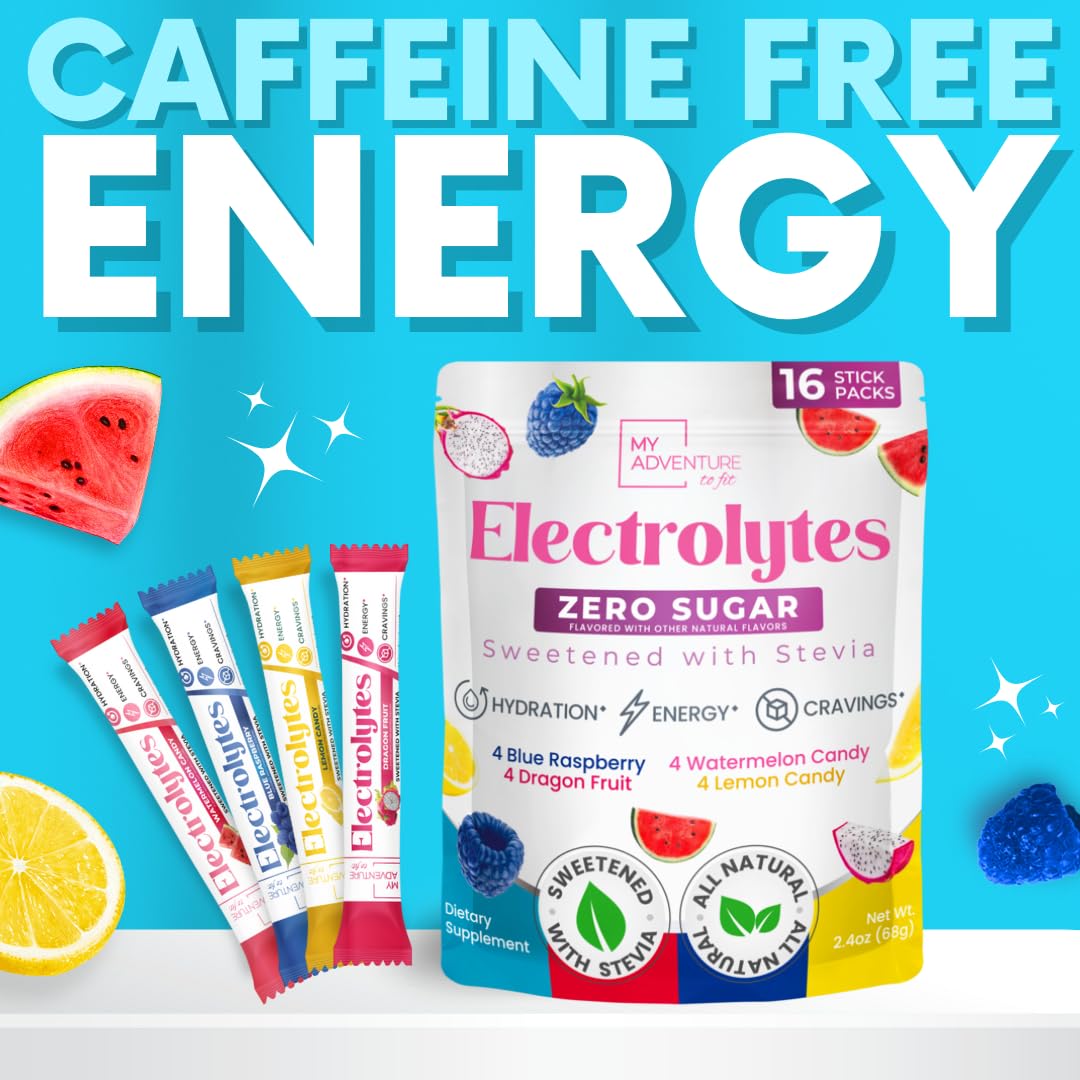 My Adventure to Fit Electrolytes Powder Packets – 16 Sugar-Free Hydration Packets, Potassium Supplement, Watermelon Candy, Blue Raspberry, Lemon Candy, Dragon Fruit - dailyvitalstore
