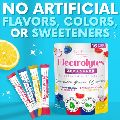 My Adventure to Fit Electrolytes Powder Packets – 16 Sugar-Free Hydration Packets, Potassium Supplement, Watermelon Candy, Blue Raspberry, Lemon Candy, Dragon Fruit - dailyvitalstore