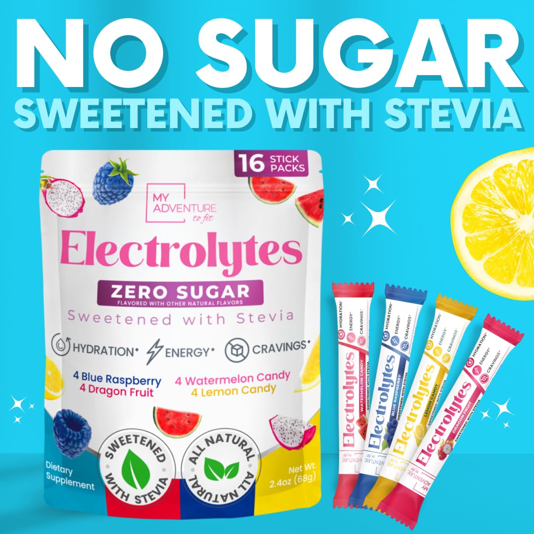 My Adventure to Fit Electrolytes Powder Packets – 16 Sugar-Free Hydration Packets, Potassium Supplement, Watermelon Candy, Blue Raspberry, Lemon Candy, Dragon Fruit - dailyvitalstore