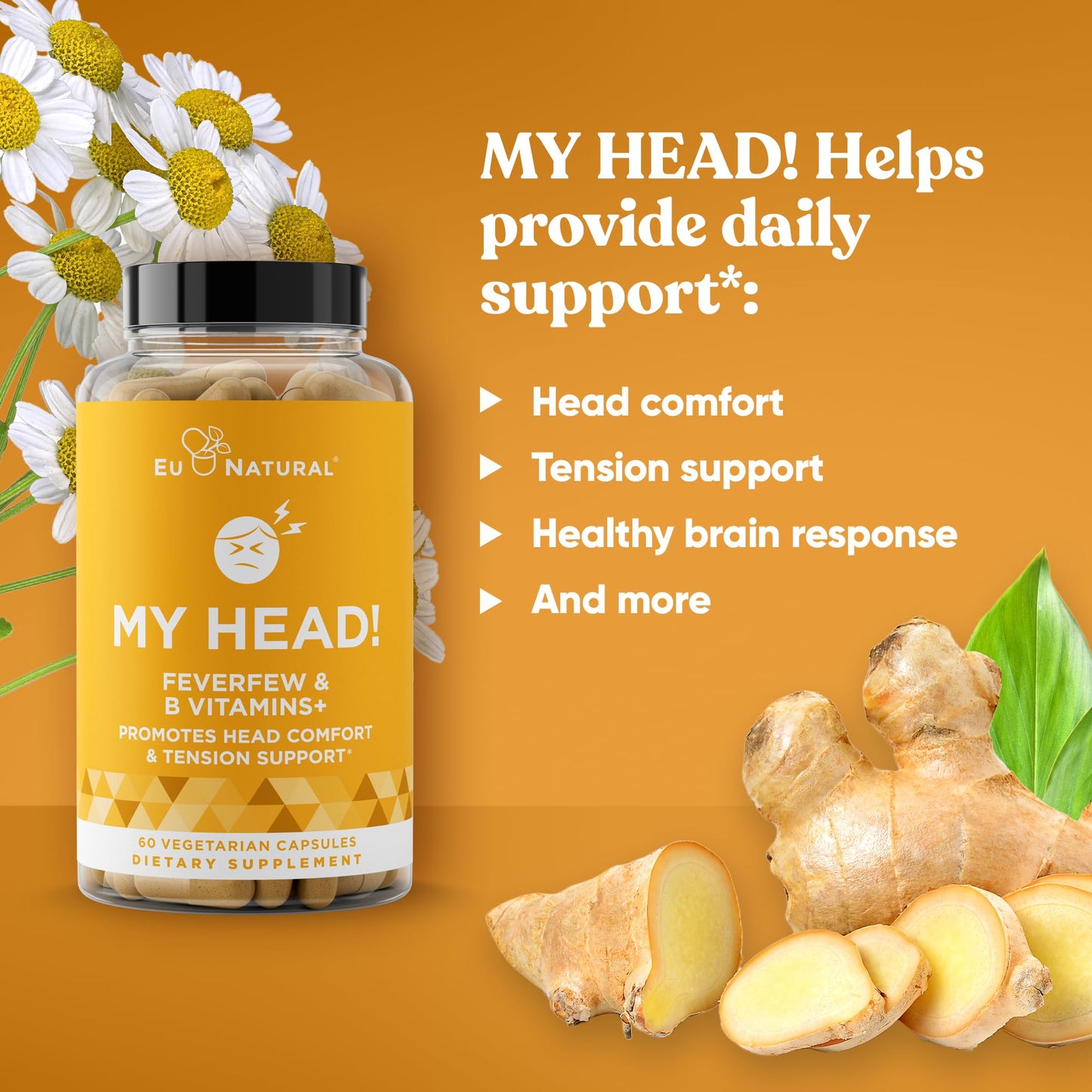 My Head! Headache Vitamins – Sensitivity, Tension, Comfort, Healthy Head Function for A Clear Mind – Fast acting Magnesium, Feverfew, Boswellia, Vitamin D, Ginger, & More – 60 Soft Capsules - dailyvitalstore