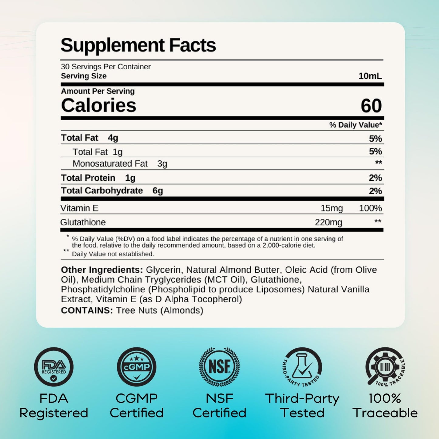 MYCL Liposomal Glutathione Supplement Squeeze Packs – Vitamin E and MCT Oil – Skin, Hair and Nail Health– High Absorption - Vanilla Almond – 30 Single-Serve Packets - dailyvitalstore