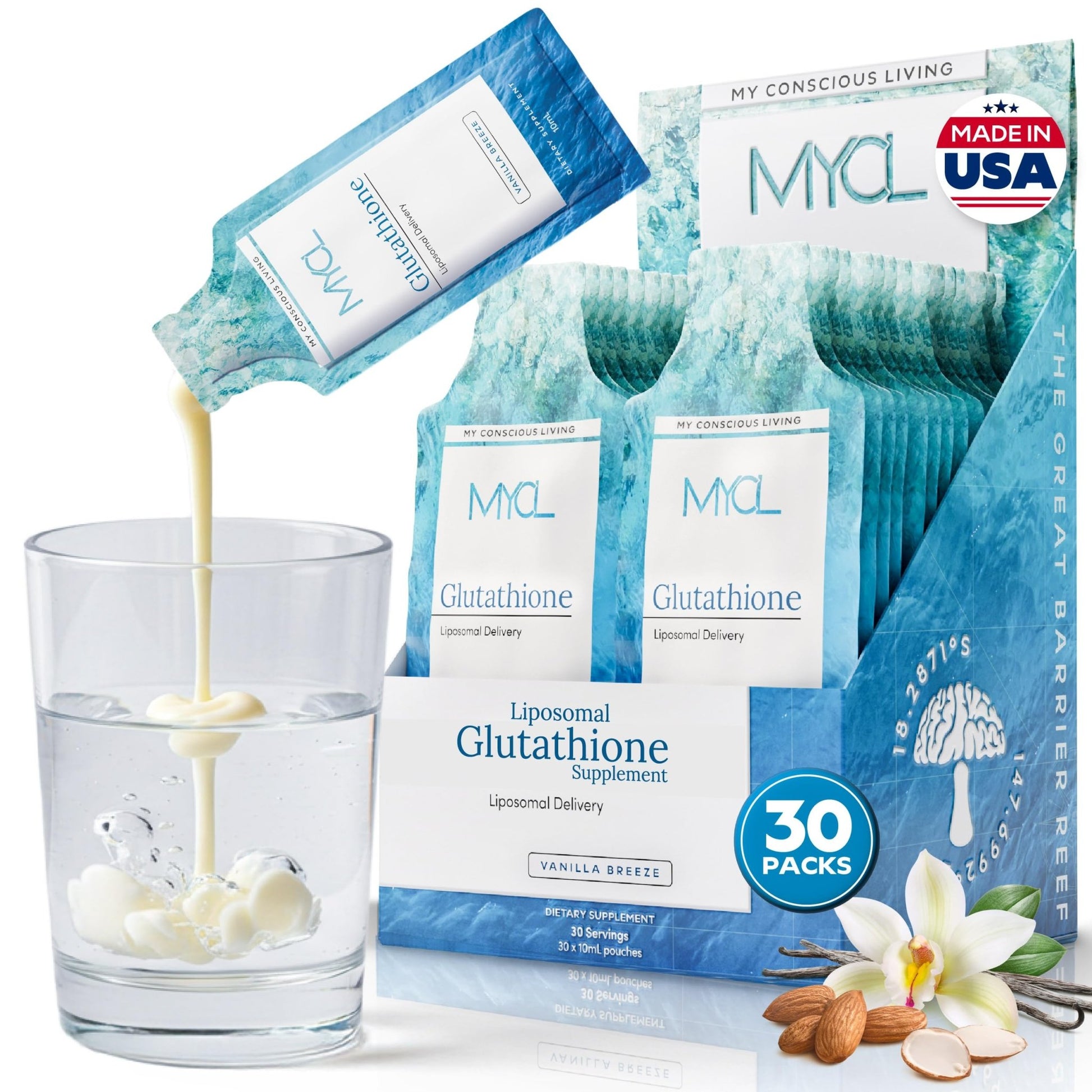 MYCL Liposomal Glutathione Supplement Squeeze Packs – Vitamin E and MCT Oil – Skin, Hair and Nail Health– High Absorption - Vanilla Almond – 30 Single-Serve Packets - dailyvitalstore