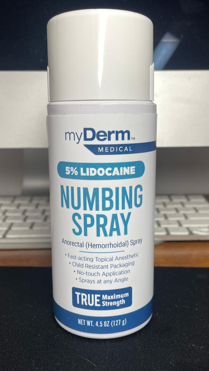 Myderm Medical Numbing Spray - 4.5oz - Maximum Strength 5% Lidocaine with Phenylephrine HCl and Witch Hazel - Fast-Acting Reliever with A Touch-Free Application - First Aid Supplies - Made in USA - dailyvitalstore