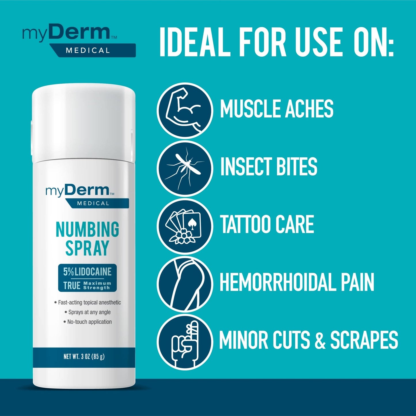 Myderm Medical Numbing Spray - 4.5oz - Maximum Strength 5% Lidocaine with Phenylephrine HCl and Witch Hazel - Fast-Acting Reliever with A Touch-Free Application - First Aid Supplies - Made in USA - dailyvitalstore