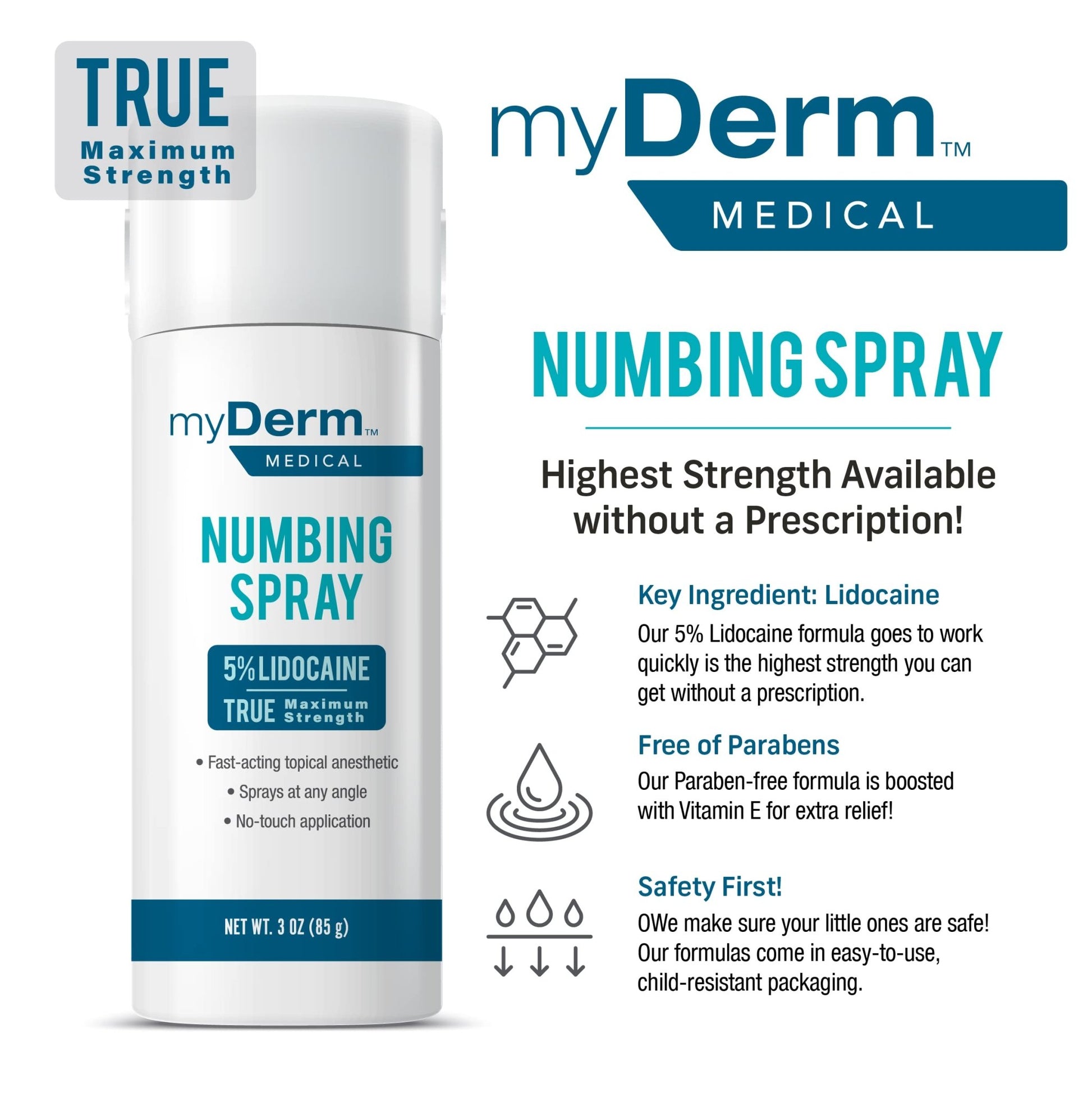 Myderm Medical Numbing Spray - 4.5oz - Maximum Strength 5% Lidocaine with Phenylephrine HCl and Witch Hazel - Fast-Acting Reliever with A Touch-Free Application - First Aid Supplies - Made in USA - dailyvitalstore
