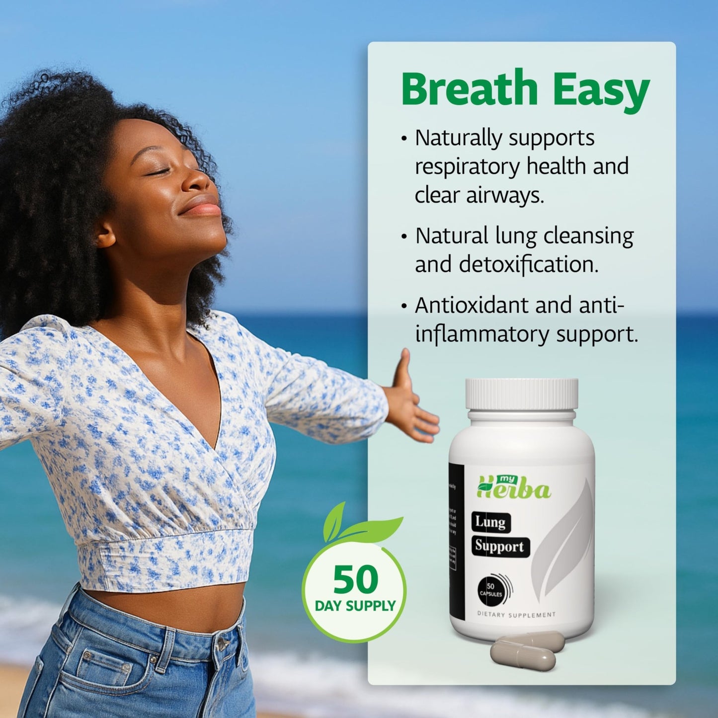 MyHerba Lung Support Supplement - Vegan Formula with Marshmallow Root, Chlorella, Ginkgo Biloba Leaf, Irish Sea Moss & PAU D’Arco - Deep Lung Cleanse, Detox and Immune Support for Adults, 50 Capsules - dailyvitalstore