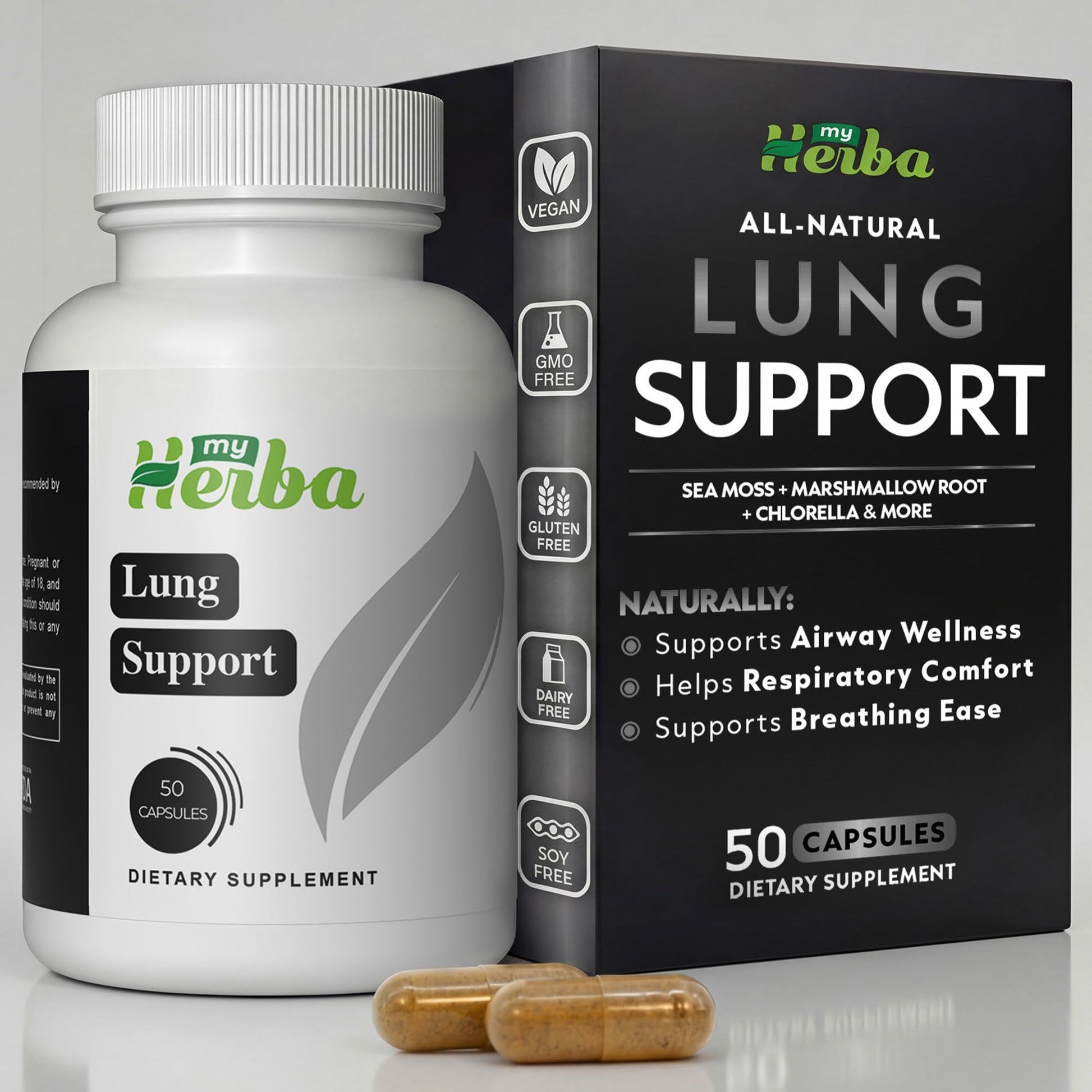 MyHerba Lung Support Supplement - Vegan Formula with Marshmallow Root, Chlorella, Ginkgo Biloba Leaf, Irish Sea Moss & PAU D’Arco - Deep Lung Cleanse, Detox and Immune Support for Adults, 50 Capsules - dailyvitalstore