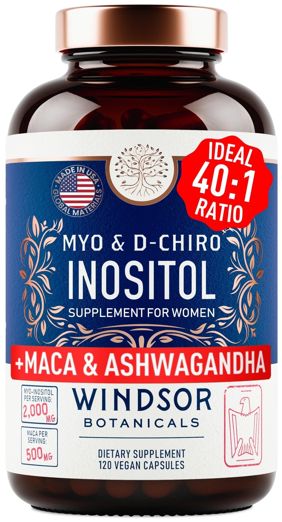 Myo-Inositol & D-Chiro Inositol 40:1 Ratio 2,000 mg - PCOS Supplements with Maca Root & Ashwagandha - Ovarian Health Support Vitamins - Hormone & Fertility Supplements for Women - 120 Vegan Caps - dailyvitalstore