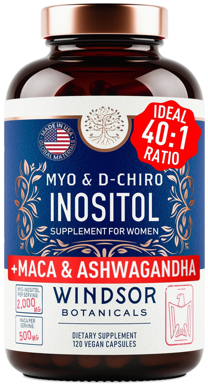 Myo-Inositol & D-Chiro Inositol 40:1 Ratio 2,000 mg - PCOS Supplements with Maca Root & Ashwagandha - Ovarian Health Support Vitamins - Hormone & Fertility Supplements for Women - 120 Vegan Caps - dailyvitalstore
