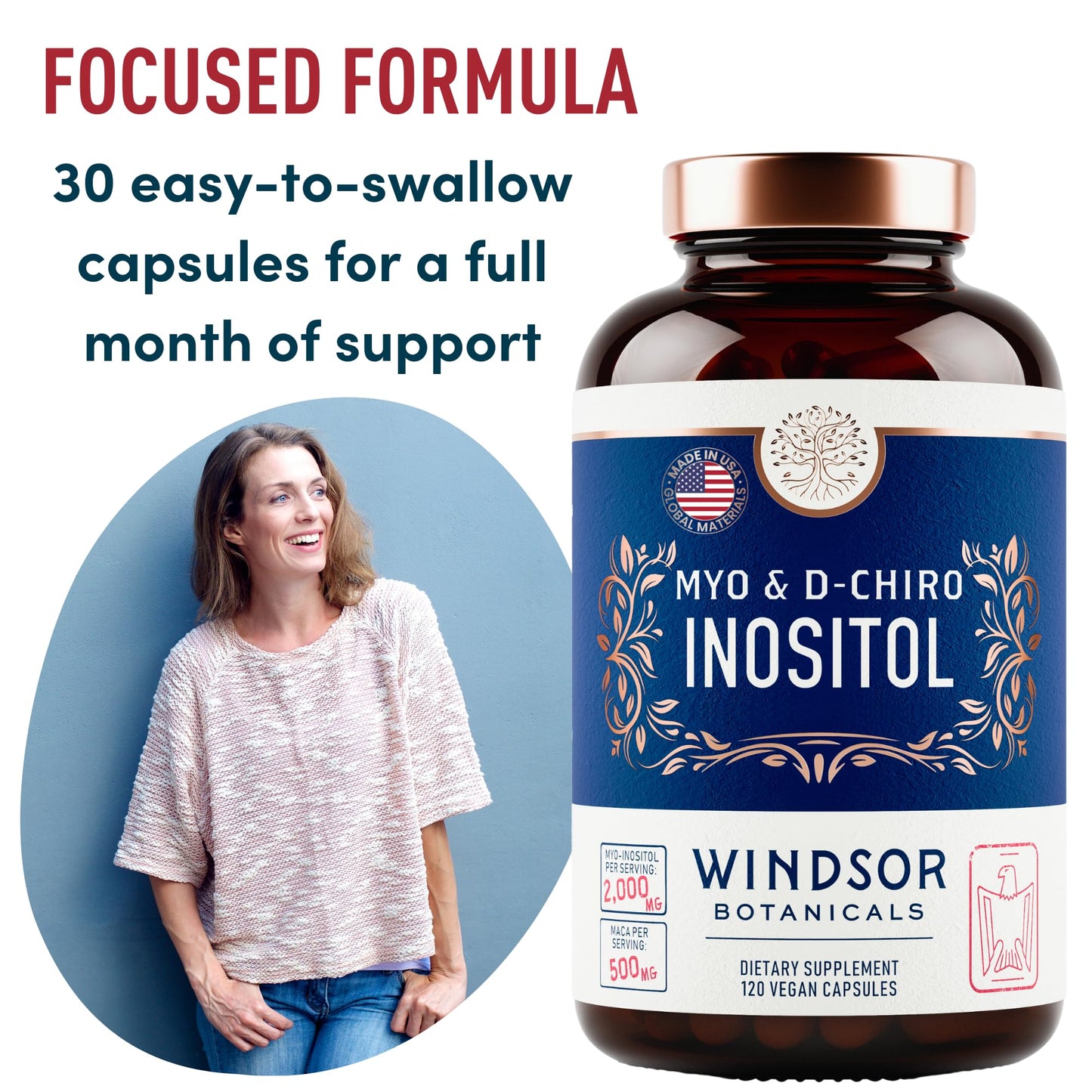 Myo-Inositol & D-Chiro Inositol 40:1 Ratio 2,000 mg - PCOS Supplements with Maca Root & Ashwagandha - Ovarian Health Support Vitamins - Hormone & Fertility Supplements for Women - 120 Vegan Caps - dailyvitalstore