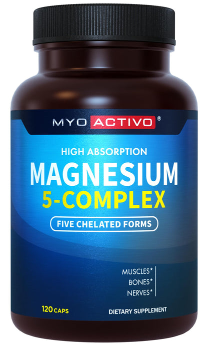 MyoActivo 5-in-1 Magnesium Complex - High Absorption - Chelated Magnesium Glycinate, Malate, Citrate, Taurate, & Aspartate for Nerves, Muscles, Bones | 120 Capsules | Magnesium Supplement - dailyvitalstore