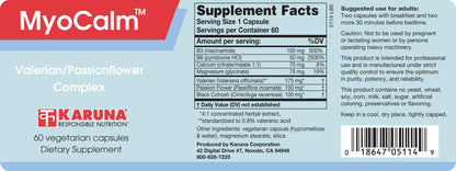 MyoCalm 60 Vegetarian Capsules | Valerian 175mg, Passion Flower 100mg, Black Cohosh 100mg, Calcium 75mg, Magnesium 75mg, b3(niacinamide), b6(Pyridoxine HCI) - dailyvitalstore