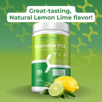 MYOXCIENCE Electrolyte STIX | Creatine Electrolyte Powder | Recovery from Exercise & Muscle Development w/Real Salt (Lemon Lime Flavor) (Jar 45 ct) - dailyvitalstore