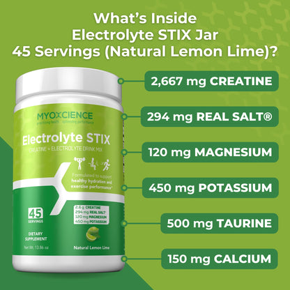 MYOXCIENCE Electrolyte STIX | Creatine Electrolyte Powder | Recovery from Exercise & Muscle Development w/Real Salt (Lemon Lime Flavor) (Jar 45 ct) - dailyvitalstore