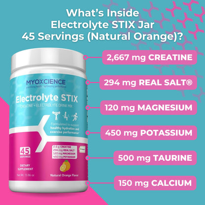MYOXCIENCE Electrolyte STIX | Creatine Electrolyte Powder | Recovery from Exercise & Muscle Development w/Real Salt (Natural Orange Flavor) (Jar 45 ct) - dailyvitalstore