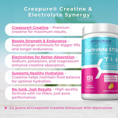 MYOXCIENCE Electrolyte STIX | Creatine Electrolyte Powder | Recovery from Exercise & Muscle Development w/Real Salt (Natural Orange Flavor) (Jar 45 ct) - dailyvitalstore