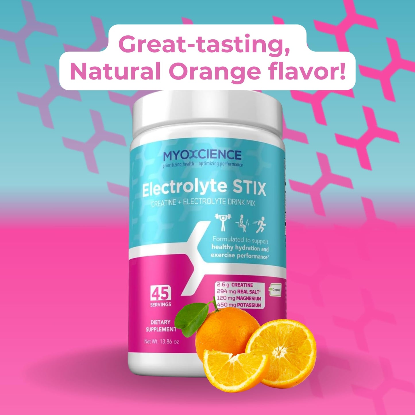 MYOXCIENCE Electrolyte STIX | Creatine Electrolyte Powder | Recovery from Exercise & Muscle Development w/Real Salt (Natural Orange Flavor) (Jar 45 ct) - dailyvitalstore