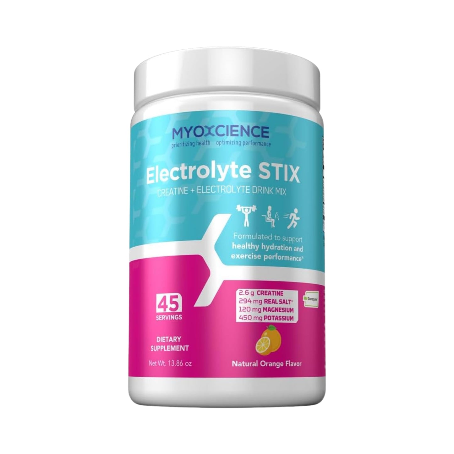 MYOXCIENCE Electrolyte STIX | Creatine Electrolyte Powder | Recovery from Exercise & Muscle Development w/Real Salt (Natural Orange Flavor) (Jar 45 ct) - dailyvitalstore