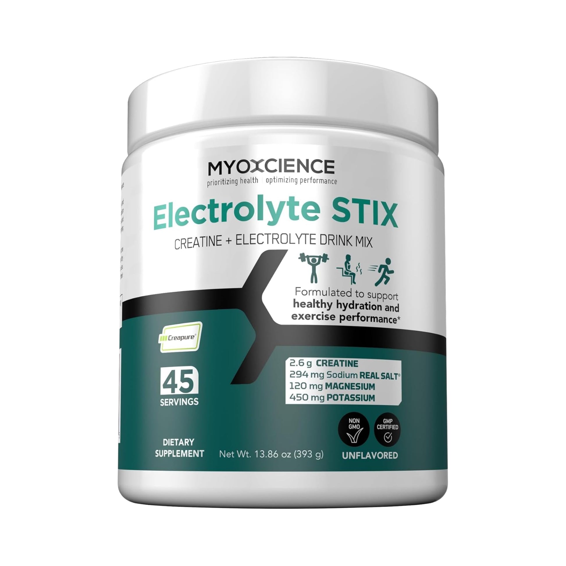 MYOXCIENCE Electrolyte STIX | Creatine Electrolyte Powder | Recovery from Exercise & Muscle Development w/Real Salt (Unflavored) (Jar 45 ct) - dailyvitalstore