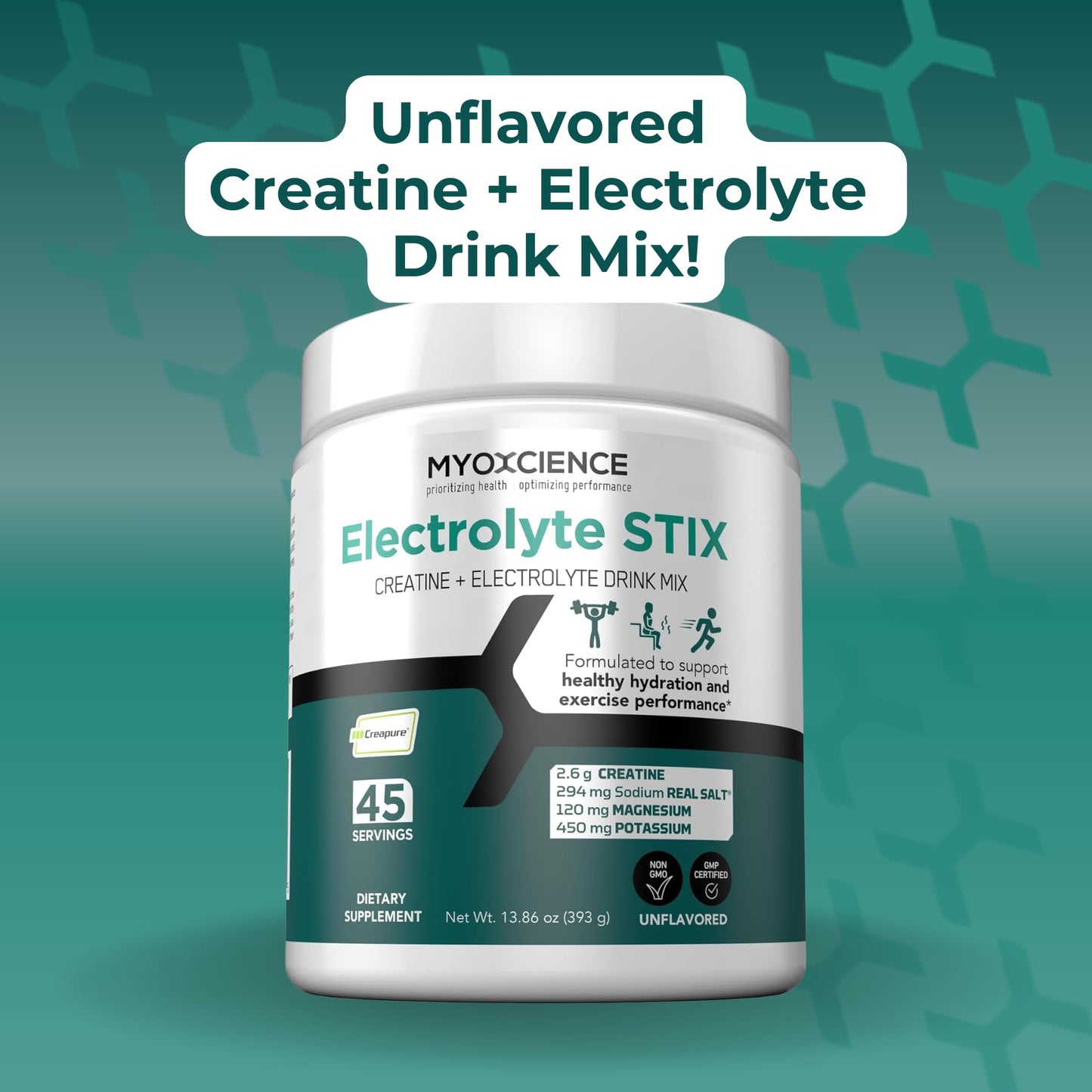 MYOXCIENCE Electrolyte STIX | Creatine Electrolyte Powder | Recovery from Exercise & Muscle Development w/Real Salt (Unflavored) (Jar 45 ct) - dailyvitalstore
