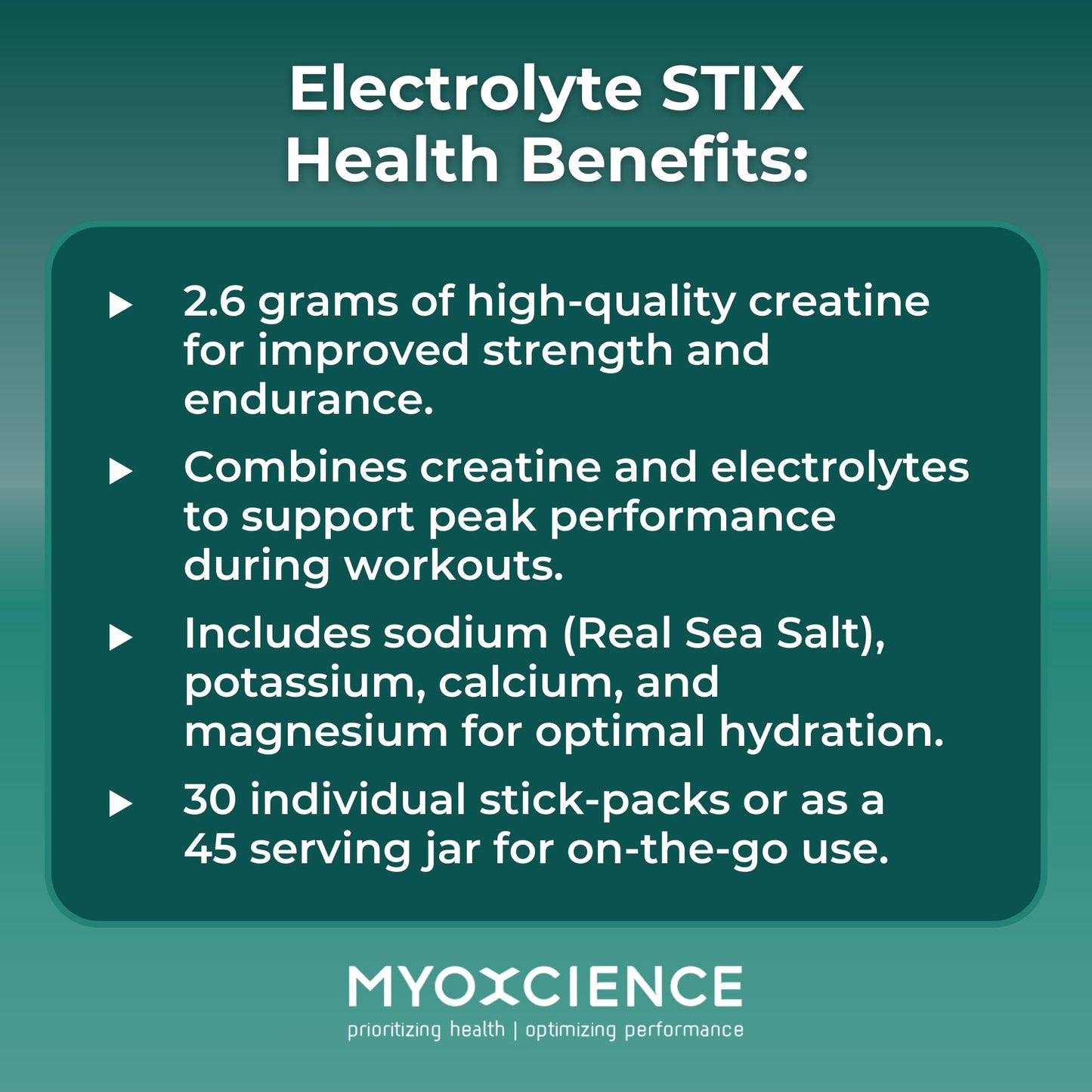 MYOXCIENCE Electrolyte STIX | Creatine Electrolyte Powder | Recovery from Exercise & Muscle Development w/Real Salt (Unflavored) (Jar 45 ct) - dailyvitalstore
