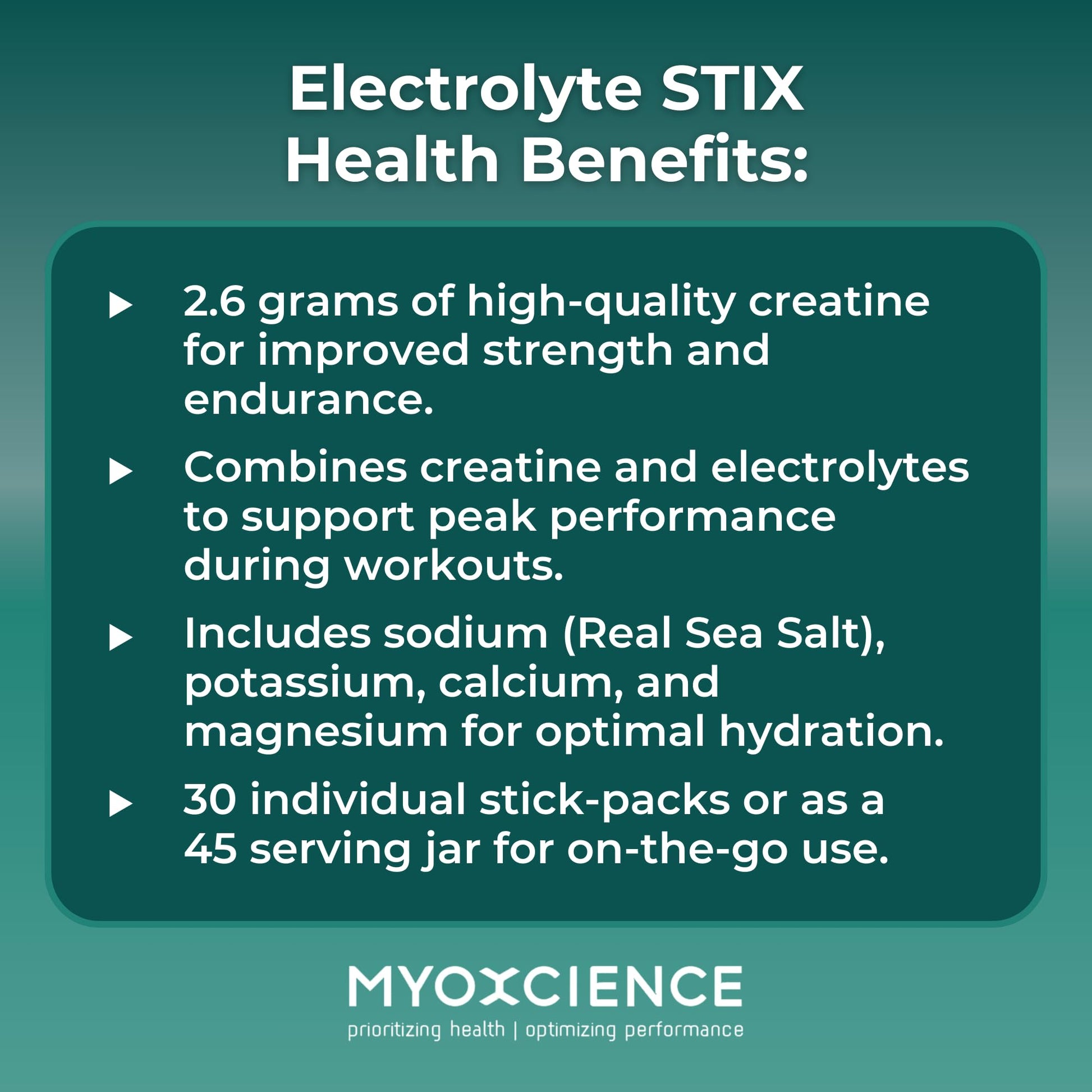 MYOXCIENCE Electrolyte STIX | Creatine Electrolyte Powder | Recovery from Exercise & Muscle Development w/Real Salt (Unflavored) (Jar 45 ct) - dailyvitalstore