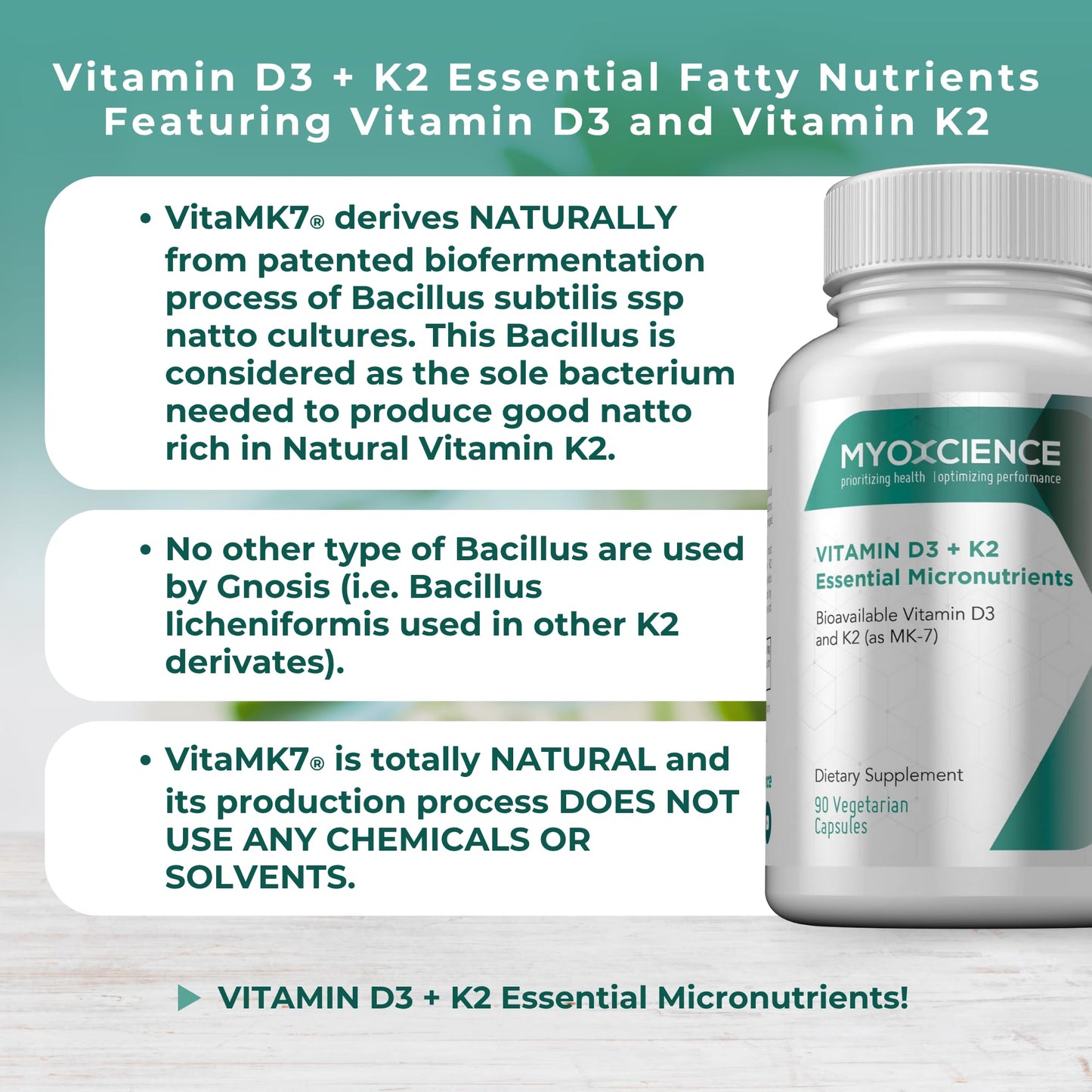 MYOXCIENCE Vitamin D3 + K2 Essential Micronutrients | Vitamin D3 5,000 IU | Vitamin K2 as MK-7 90 mcg (90 Vegetarian Capsules) - dailyvitalstore