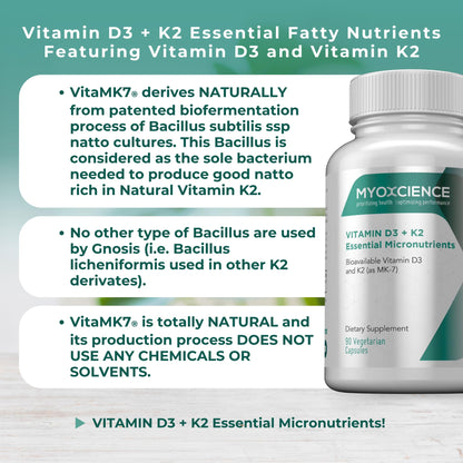 MYOXCIENCE Vitamin D3 + K2 Essential Micronutrients | Vitamin D3 5,000 IU | Vitamin K2 as MK-7 90 mcg (90 Vegetarian Capsules) - dailyvitalstore