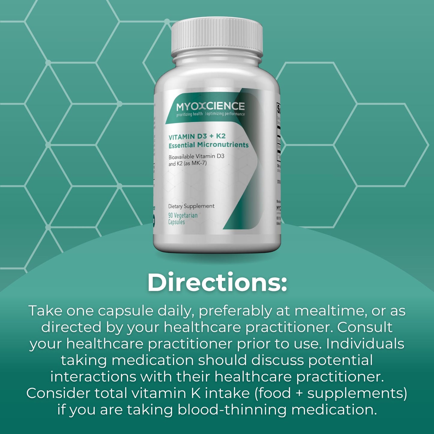 MYOXCIENCE Vitamin D3 + K2 Essential Micronutrients | Vitamin D3 5,000 IU | Vitamin K2 as MK-7 90 mcg (90 Vegetarian Capsules) - dailyvitalstore