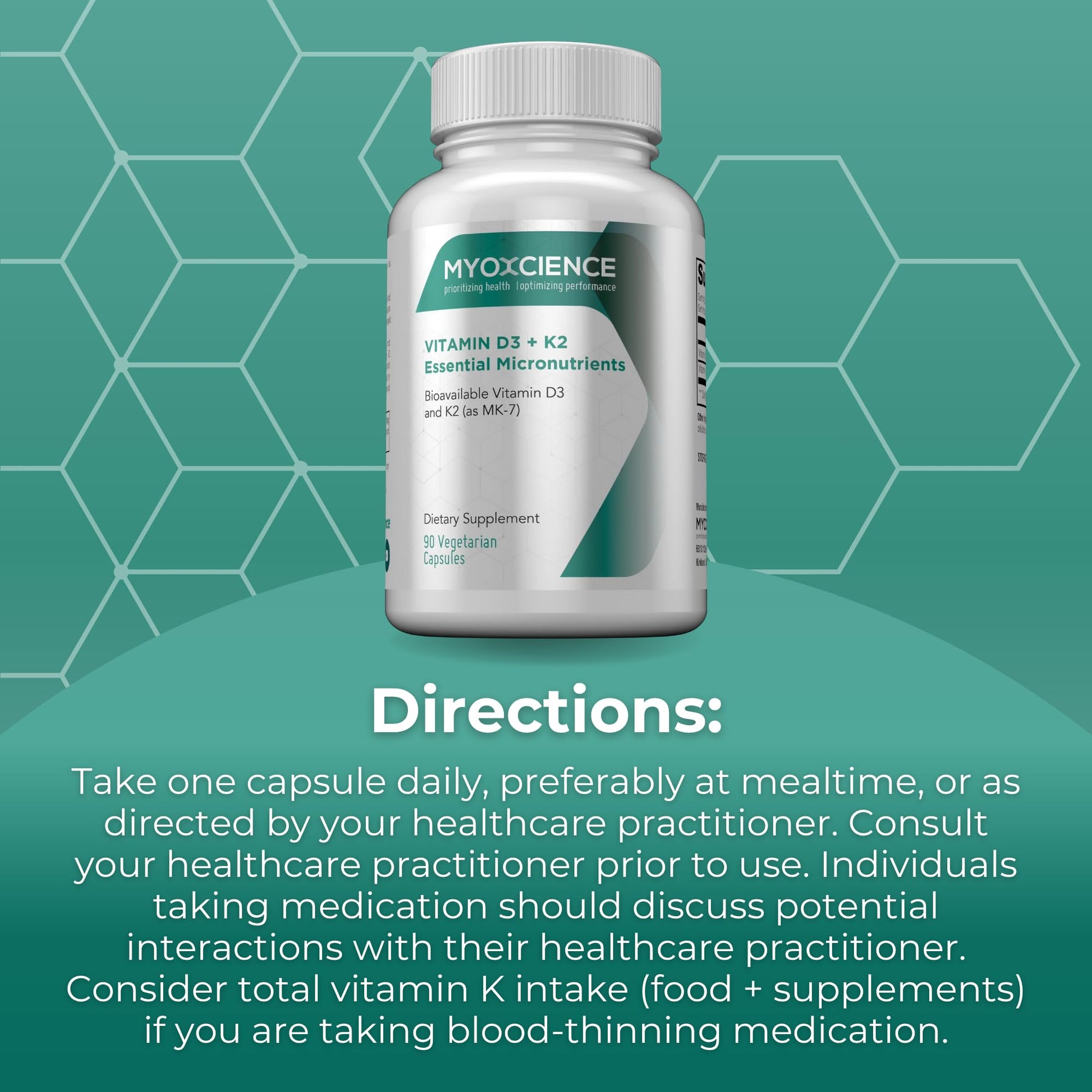 MYOXCIENCE Vitamin D3 + K2 Essential Micronutrients | Vitamin D3 5,000 IU | Vitamin K2 as MK-7 90 mcg (90 Vegetarian Capsules) - dailyvitalstore