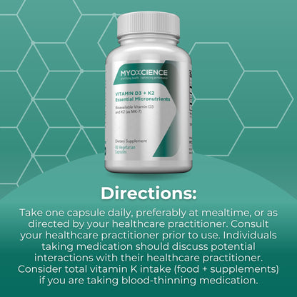 MYOXCIENCE Vitamin D3 + K2 Essential Micronutrients | Vitamin D3 5,000 IU | Vitamin K2 as MK-7 90 mcg (90 Vegetarian Capsules) - dailyvitalstore