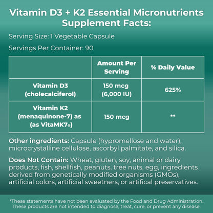 MYOXCIENCE Vitamin D3 + K2 Essential Micronutrients | Vitamin D3 5,000 IU | Vitamin K2 as MK-7 90 mcg (90 Vegetarian Capsules) - dailyvitalstore