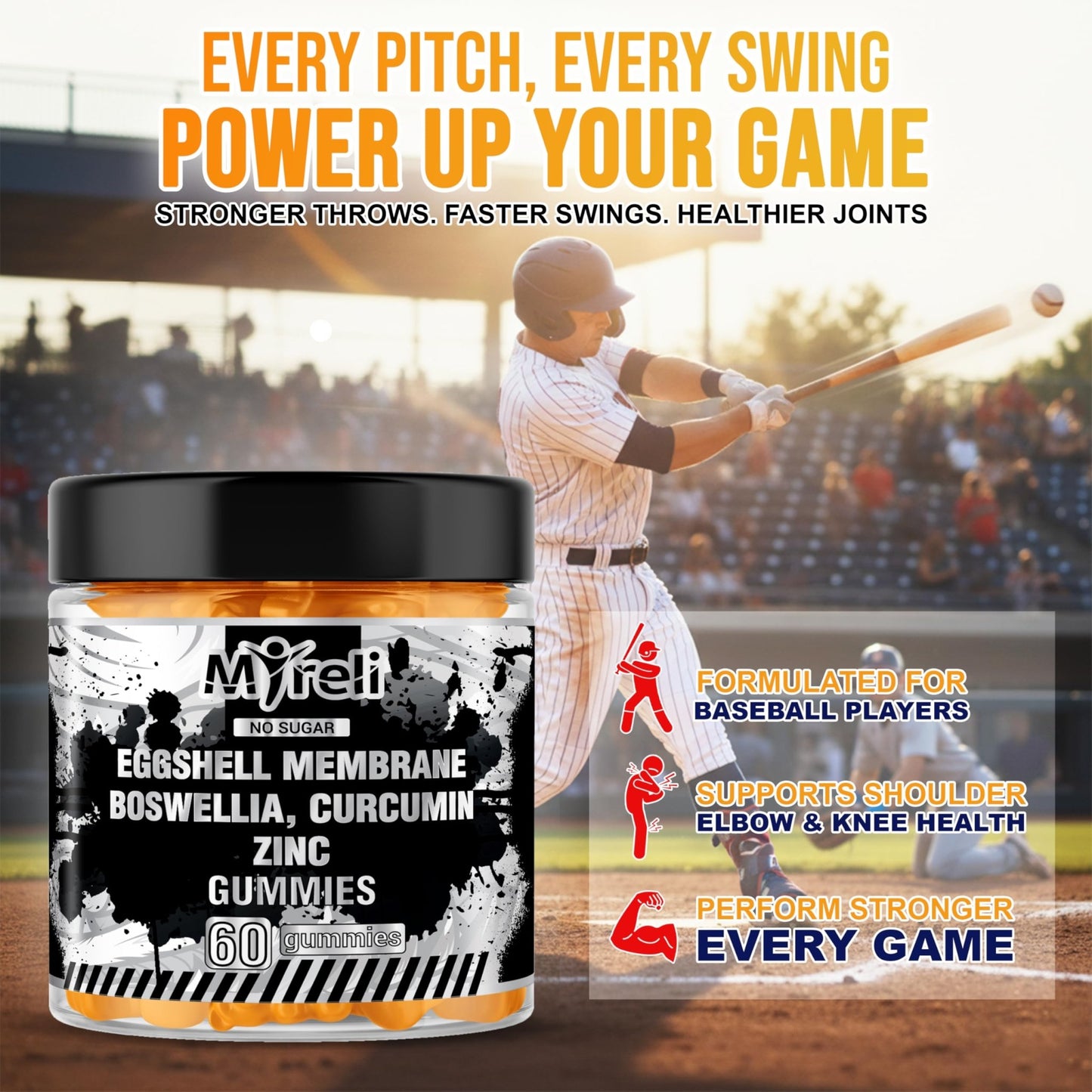 MYRELI Eggshell Membrane 400mg, Boswellia 300mg, Curcumin 250mg & Zinc 20mg Gummies - Baseball Athlete Joint Support, Flexibility, Recovery, Antioxidant, Energy, Endurance - Vegan, Non-GMO, 60 Gummies - dailyvitalstore