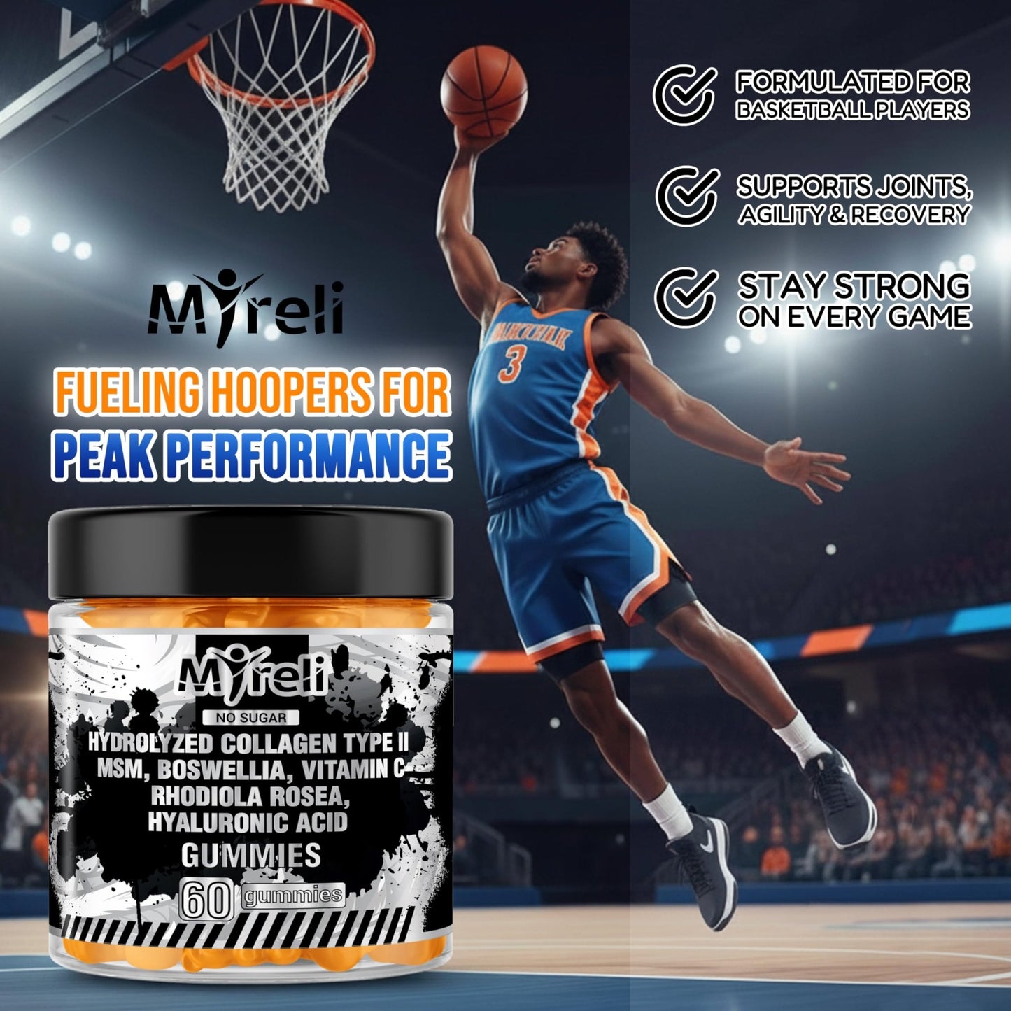 MYRELI Hydrolyzed Collagen Type II 500mg, MSM 700mg, Boswellia 200mg, Vitamin C 400mg, Rhodiola 100mg, Hyaluronic Acid 100mg, Joint Mobility, Flexibility, Basketball Athletes, Vegan, Non GMO, 60 Gummy - dailyvitalstore