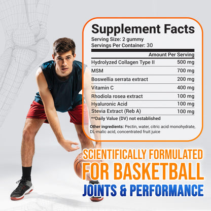 MYRELI Hydrolyzed Collagen Type II 500mg, MSM 700mg, Boswellia 200mg, Vitamin C 400mg, Rhodiola 100mg, Hyaluronic Acid 100mg, Joint Mobility, Flexibility, Basketball Athletes, Vegan, Non GMO, 60 Gummy - dailyvitalstore