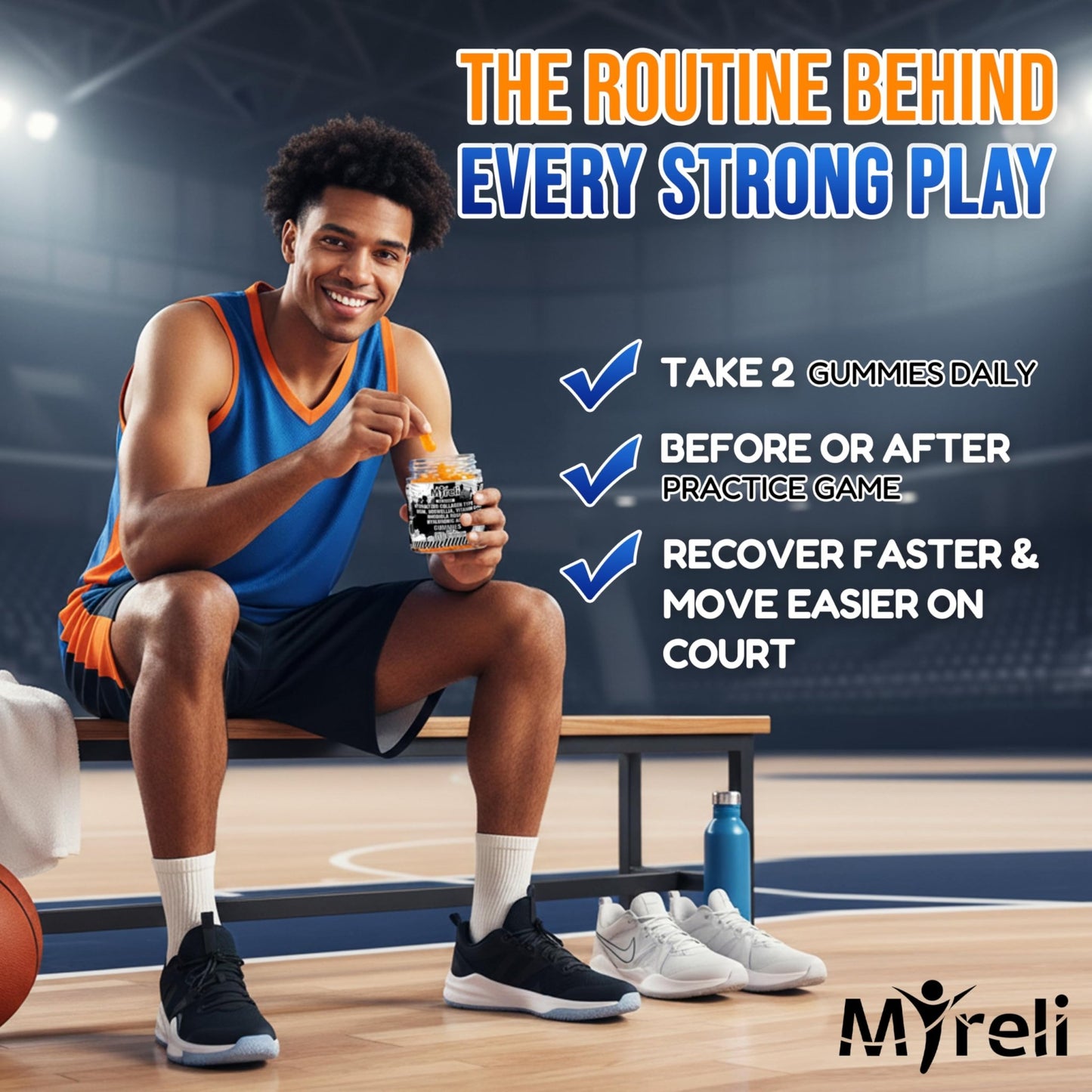 MYRELI Hydrolyzed Collagen Type II 500mg, MSM 700mg, Boswellia 200mg, Vitamin C 400mg, Rhodiola 100mg, Hyaluronic Acid 100mg, Joint Mobility, Flexibility, Basketball Athletes, Vegan, Non GMO, 60 Gummy - dailyvitalstore