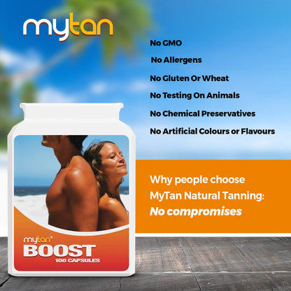 MyTan Boost Tan Pills | 100 Capsules | Sun Tan Accelerator | Natural Tanning Supplement | Tyrosine, Copper Multivitamin | 25-Day Extended Holiday Supply - dailyvitalstore