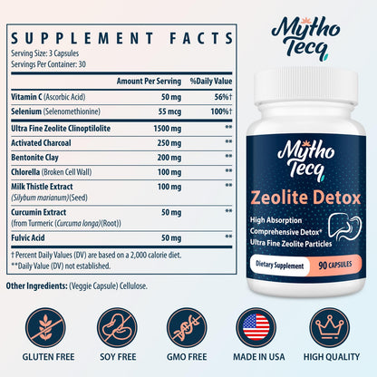 MythoTecq 2300 MG Zeolite Detox Capsules - Activated Charcoal & Bentonite Clay, Highly Absorbable Full Body, Liver & Gut Cleanse - dailyvitalstore