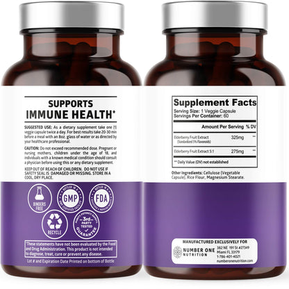 N1N Premium Black Elderberry Capsules for Adults [Max Strength] Pure and Potent Elderberry from Sambucus Nigra to Support Immunity & Skin Health, Non-GMO, Gluten Free, 60 Veg Caps - dailyvitalstore