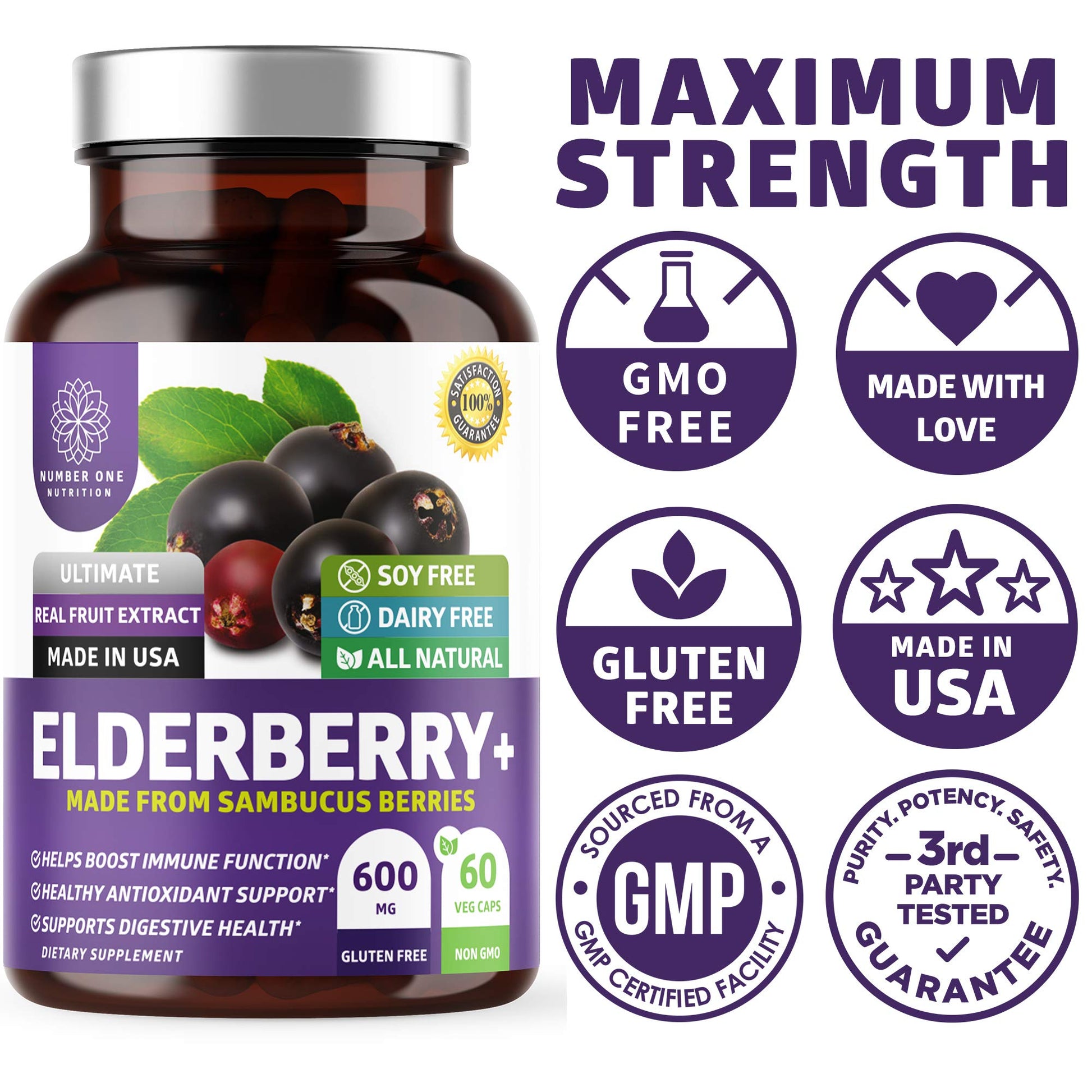 N1N Premium Black Elderberry Capsules for Adults [Max Strength] Pure and Potent Elderberry from Sambucus Nigra to Support Immunity & Skin Health, Non-GMO, Gluten Free, 60 Veg Caps - dailyvitalstore