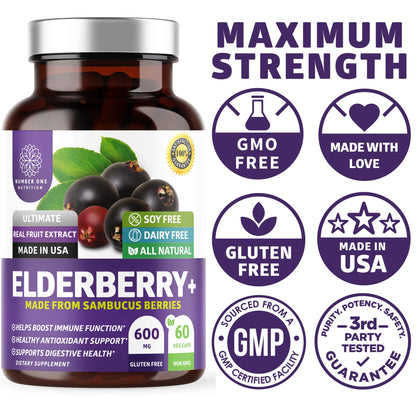 N1N Premium Black Elderberry Capsules for Adults [Max Strength] Pure and Potent Elderberry from Sambucus Nigra to Support Immunity & Skin Health, Non-GMO, Gluten Free, 60 Veg Caps - dailyvitalstore
