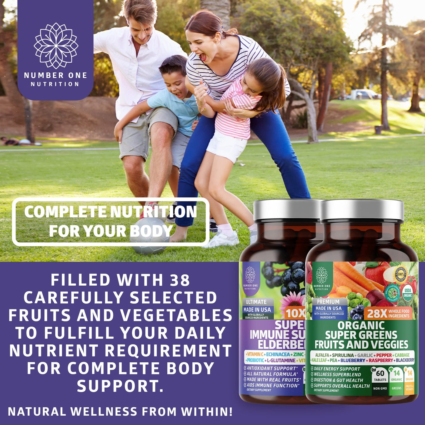 N1N Premium Organic Super Fruits & Veggies + Immune Support [38 Powerful Ingredients], Natural Super Greens Supplement with Alfalfa, Vitamins & Minerals, Zinc, Turmeric and Probiotic, 120 Caps - dailyvitalstore