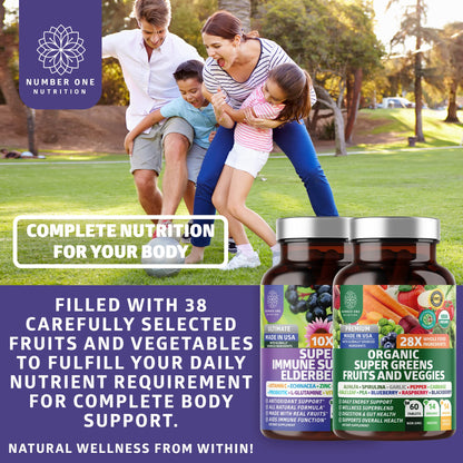 N1N Premium Organic Super Fruits & Veggies + Immune Support [38 Powerful Ingredients], Natural Super Greens Supplement with Alfalfa, Vitamins & Minerals, Zinc, Turmeric and Probiotic, 120 Caps - dailyvitalstore