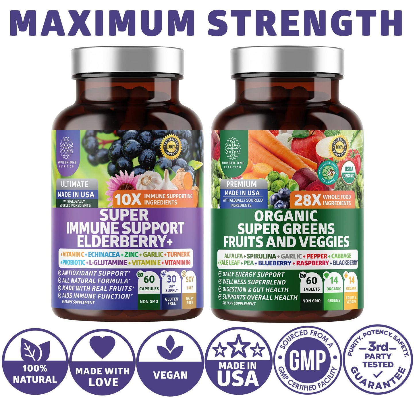 N1N Premium Organic Super Fruits & Veggies + Immune Support [38 Powerful Ingredients], Natural Super Greens Supplement with Alfalfa, Vitamins & Minerals, Zinc, Turmeric and Probiotic, 120 Caps - dailyvitalstore