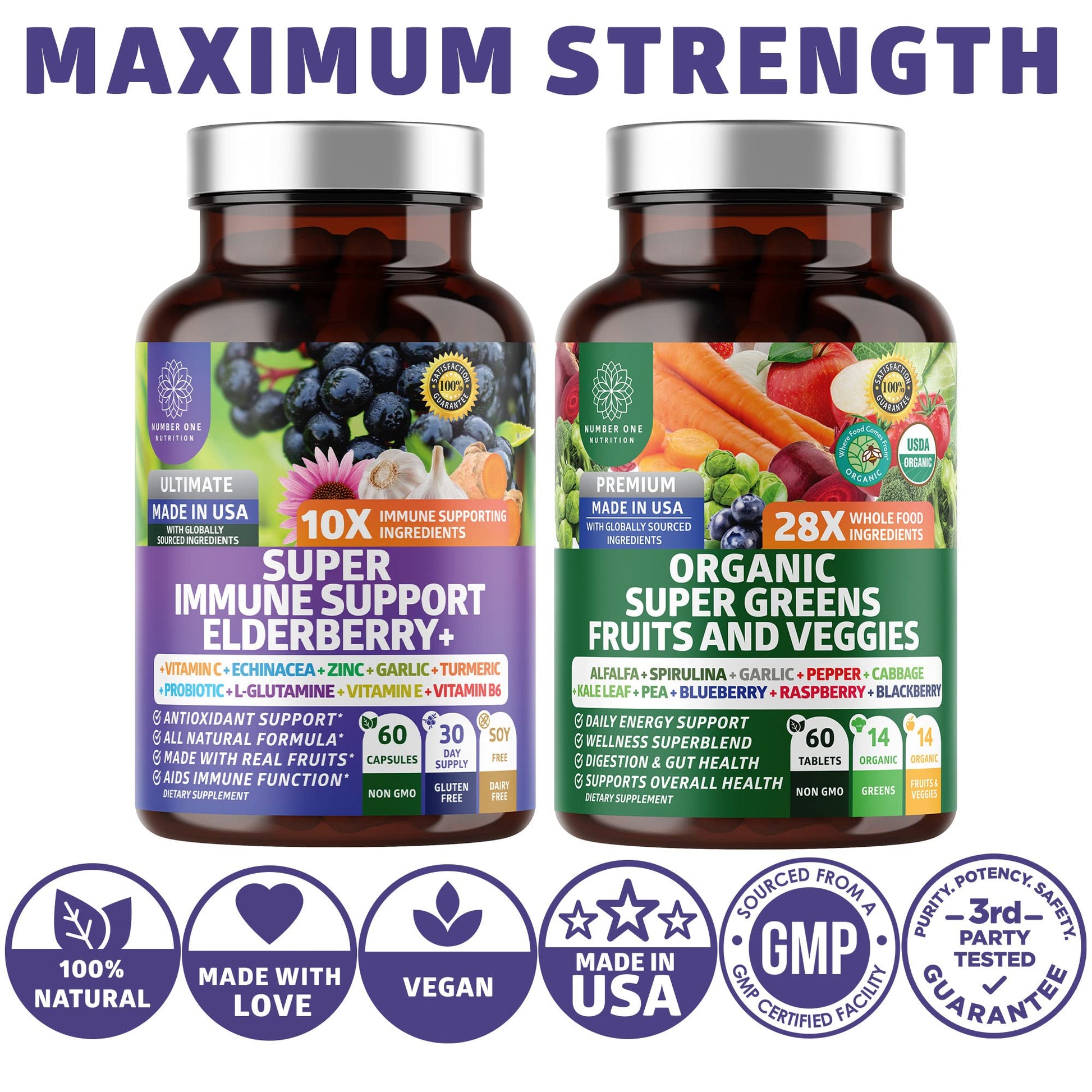 N1N Premium Organic Super Fruits & Veggies + Immune Support [38 Powerful Ingredients], Natural Super Greens Supplement with Alfalfa, Vitamins & Minerals, Zinc, Turmeric and Probiotic, 120 Caps - dailyvitalstore