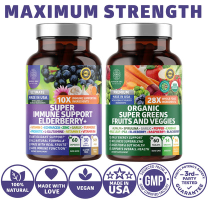 N1N Premium Organic Super Fruits & Veggies + Immune Support [38 Powerful Ingredients], Natural Super Greens Supplement with Alfalfa, Vitamins & Minerals, Zinc, Turmeric and Probiotic, 120 Caps - dailyvitalstore